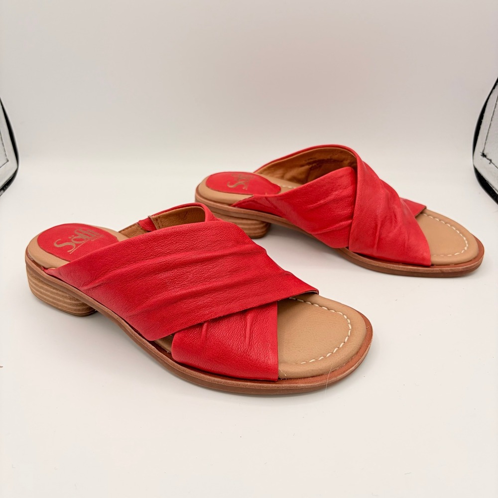 Sofft Red Leather Slide Sandals 6 Boho Pleated Crisscross Slip On Low Heel Shoes